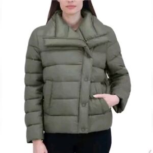 NWT Tahari Women's Asymmetrical Puffer Jacket Green H
